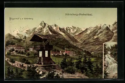 AK Schönberg /Stubaithal, Jägerhof auf dem Schönberg, Wasserfall