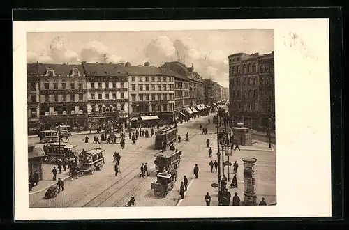 AK Berlin, Moritzplatz mit Geschäften und Strassenbahn