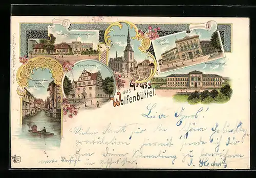 Lithographie Wolfenbüttel, Marienkirche, Herzogliche Kaserne, Herzogliches Gymnasium