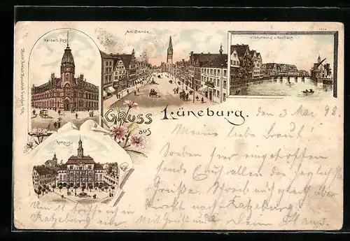 Lithographie Lüneburg, Viskuhlenhof und Kaufhaus, Rathaus, Kaiserliche Post