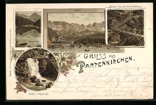 Lithographie Partenkirchen, Brücke über die Höllenthalklamm, Eibsee, Risser See