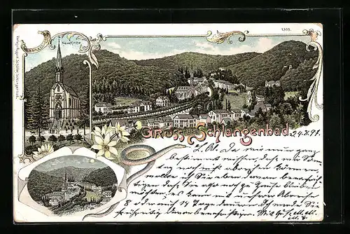 Lithographie Schlangenbad, Teilansicht, Neue Kirche, Ortspartie bei Mondschein
