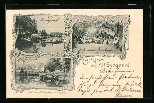 AK Husby, Alt-Seegaard, Gartenwirtschaft, Uferpartie mit Boot