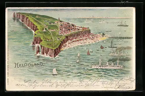 Lithographie Helgoland, Totalansicht mit Dampfern