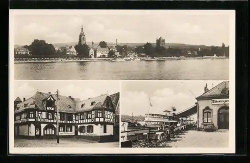AK Eltville am Rhein, Gasthaus-Pension Am Breitenstein, Schmittstrasse, Terrasse, Uferpartie mit Kirche