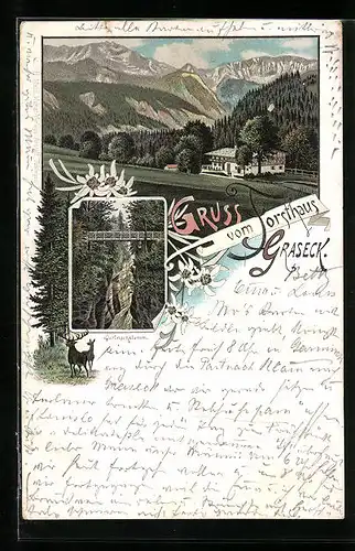 Vorläufer-Lithographie Graseck, 1895, Gasthaus Forsthaus, Partnachklamm