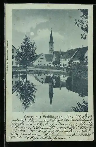 Mondschein-AK Waldhausen, Uferpartie mit Kirche