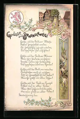 Lithographie Braunschweig, Ortspartie, Wappen