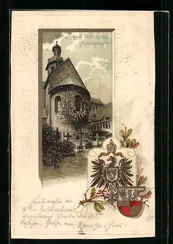Passepartout-Lithographie Hildesheim, 1000 jähriger Rosenstock, Wappen