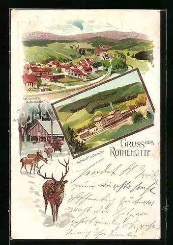 Lithographie Rothehütte i. H., Ortspartie mit Königshof, Bahnhof, Waldpartie mit Hirschen im Winter