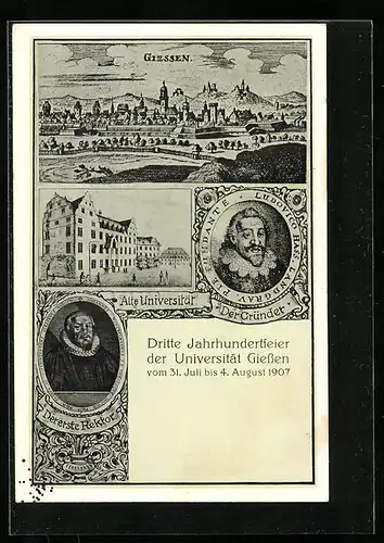 Künstler-AK Giessen, Festpostkarte Dritte Jahrhundertfeier der Universität Giessen 1907, Der Gründer Ludovico Hass