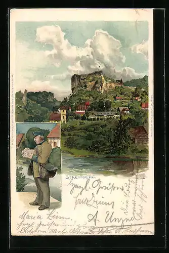 Lithographie Streitberg, Uferpartie, Postbote mit Briefen