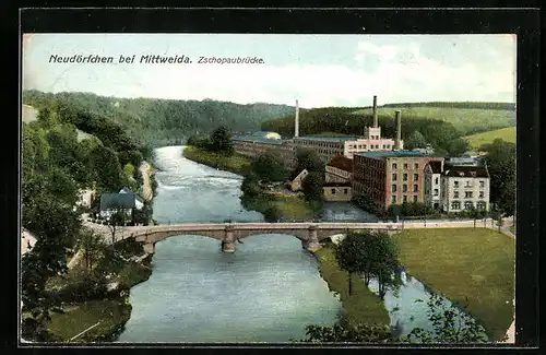 AK Neudörfchen bei Mittweida, Zschopaubrücke aus der Vogelschau
