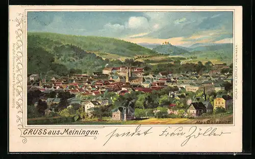 Künstler-AK Max Dutzauer: Meiningen, Ortsansicht mit Bergen