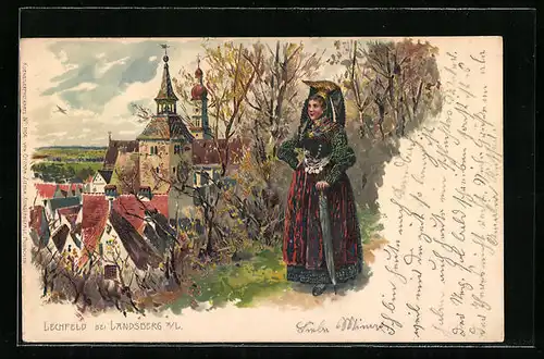 Lithographie Lechfeld bei Landsberg, Ortsansicht mit edler Dame in Tracht