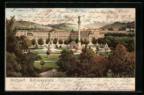 Lithographie Stuttgart, Schlossplatz mit Denkmal