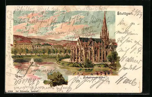 Lithographie Stuttgart, Johanniskirche mit Vorplatz