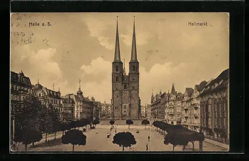 AK Halle a. S., Hallmarkt mit Kirche