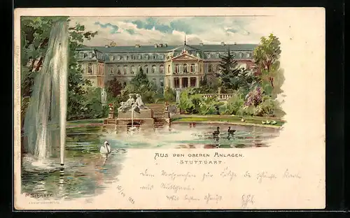 Lithographie Stuttgart, Aus den Oberen Anlagen mit Schwanenteich
