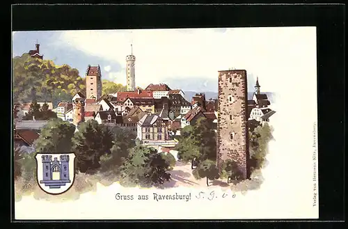 Künstler-AK Ravensburg, Ortsansicht mit Turm