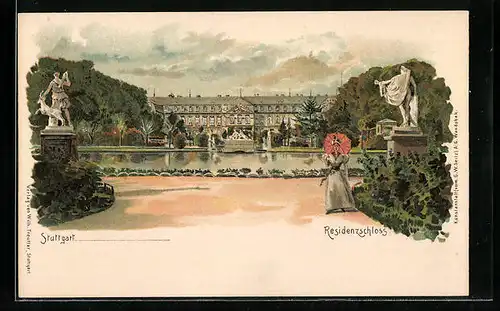 Lithographie Stuttgart, Spaziergängerin vor dem Residenzschloss