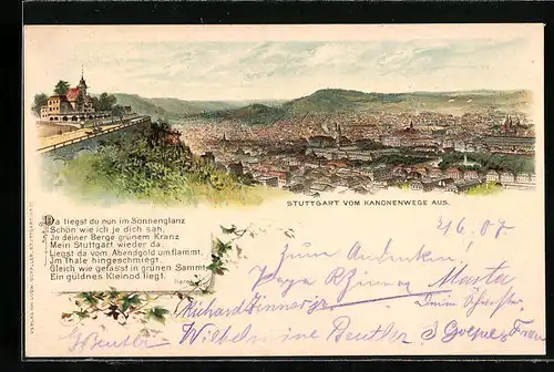 Lithographie Stuttgart, Ortsansicht vom Kanonenwege aus