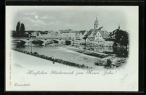 Mondschein-AK Cannstatt, Ortsansicht über den Fluss