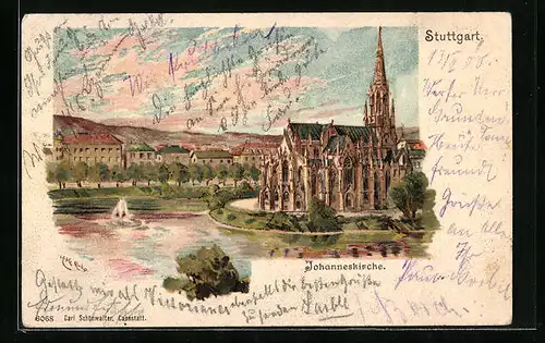 Lithographie Stuttgart, Johanneskirche mit Springbrunnen