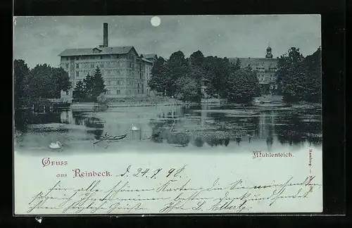 Mondschein-AK Reinbeck, Mühlenteich mit Schwänen