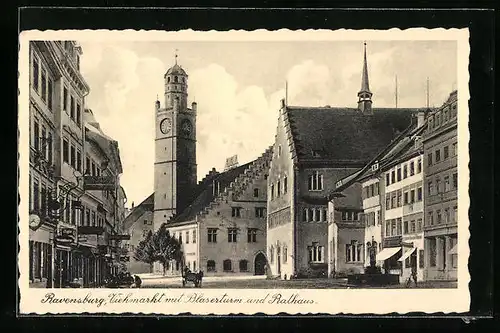 AK Ravensburg, Viehmarkt mit Blaserturm und Rathaus