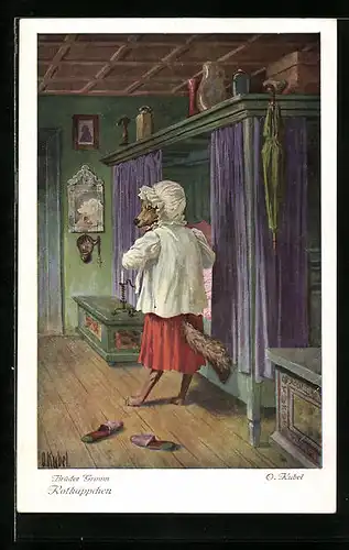 Künstler-AK Otto Kubel: Szene aus Rotkäppchen, Der Wolf verkleidet sich als Grossmutter