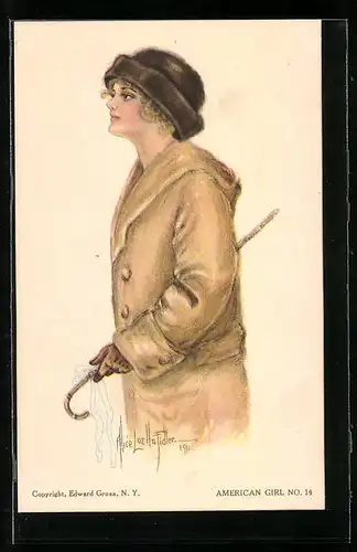 Künstler-AK Alice Luella Fidler: American Girl No. 14, Dame mit Trenchcoat und Stock