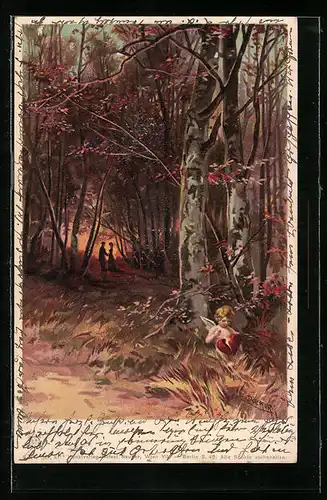Künstler-AK E. Döcker: Amor mit einem zerbrochenen Herzen im Wald, Im Hintergrund ein Liebespaar