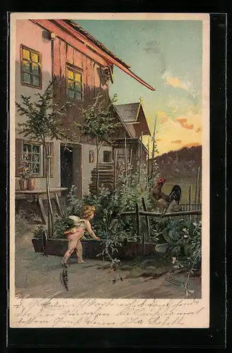 Künstler-Lithographie E. Döcker: Ei, Ei!, Amor und Hahn