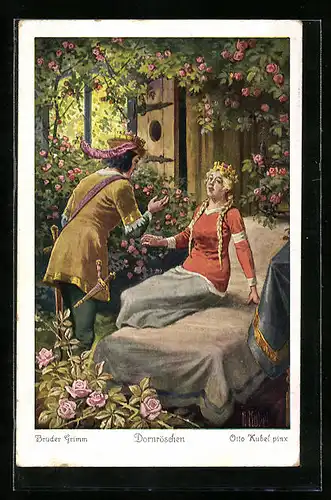 Künstler-AK Otto Kubel: Dornröschen, Brüder Grimm, Prinz weckt das Dornröschen