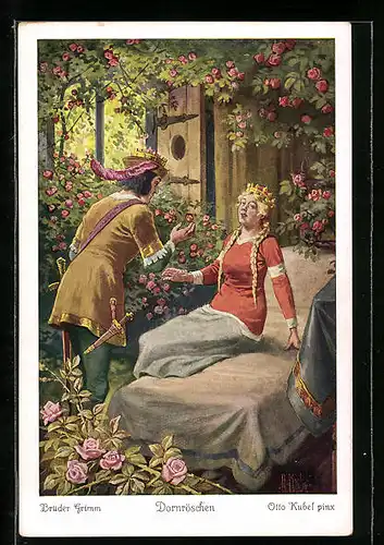 Künstler-AK Otto Kubel: Dornröschen, Brüder Grimm, Prinz weckt das Dornröschen