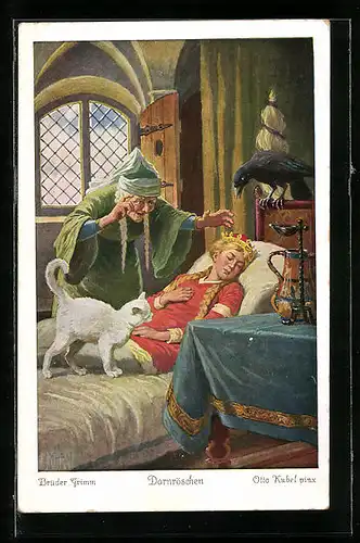 Künstler-AK Otto Kubel: Dornröschen, Die Prinzessin wollte auch spinnen..., Märchen