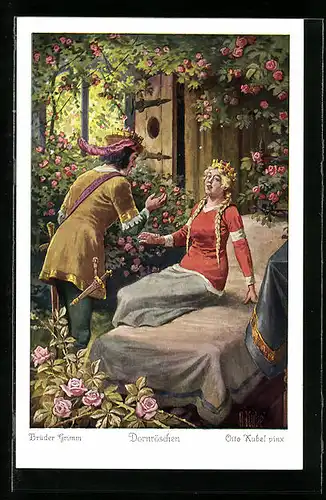 Künstler-AK Otto Kubel: Dornröschen, Brüder Grimm, Prinz weckt das Dornröschen