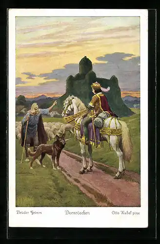 Künstler-AK Otto Kubel: Dornröschen, Brüder Grimm, Prinz trifft auf einen Schäfer