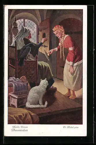 Künstler-AK Otto Kubel: Dornröschen mit Spindel, Gebrüder Grimm Märchen