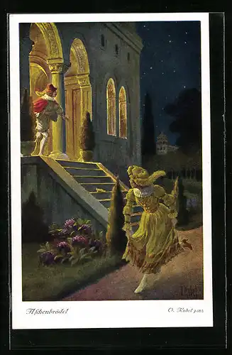 Künstler-AK Otto Kubel: Märchen Aschenputtel, Aschenputtel flüchtet um Mitternacht vor dem Prinzen