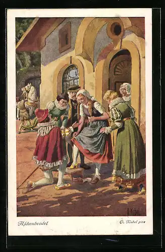 Künstler-AK Otto Kubel: Aschenputtel probiert den goldenen Schuh an, Gebrüder Grimm Märchen