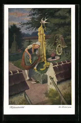 Künstler-AK Otto Kubel: Aschenputtel am Grab ihrer Mutter, Gebrüder Grimm Märchen