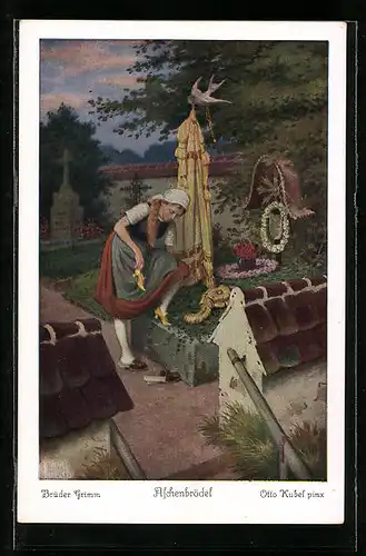 Künstler-AK Otto Kubel: Aschenputtel am Grab ihrer Mutter, Gebrüder Grimm Märchen