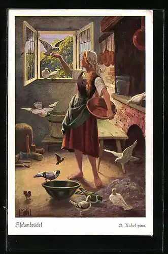 Künstler-AK Otto Kubel: Märchen Aschenputtel, Aschenputtel mit Tauben in der Küche