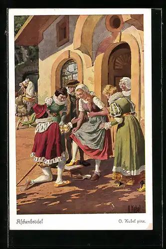 Künstler-AK Otto Kubel: Aschenputtel probiert den goldenen Schuh an, Gebrüder Grimm Märchen