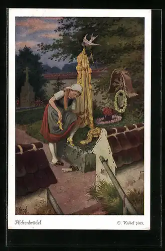 Künstler-AK Otto Kubel: Aschenputtel am Grab ihrer Mutter, Gebrüder Grimm Märchen