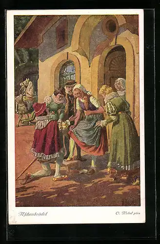 Künstler-AK Otto Kubel: Aschenputtel probiert den goldenen Schuh an, Gebrüder Grimm Märchen