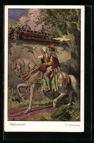 Künstler-AK Otto Kubel: Der Prinz mit Aschenputtel auf seinem Ross, Gebrüder Grimm Märchen