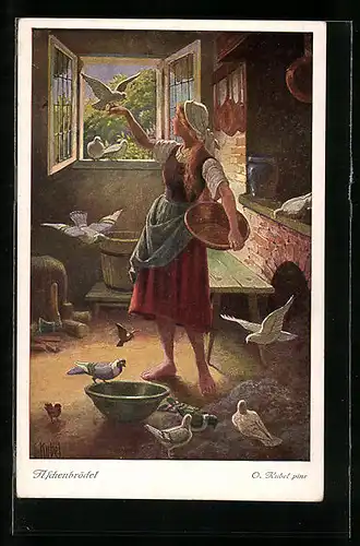 Künstler-AK Otto Kubel: Märchen Aschenputtel, Aschenputtel mit Tauben in der Küche
